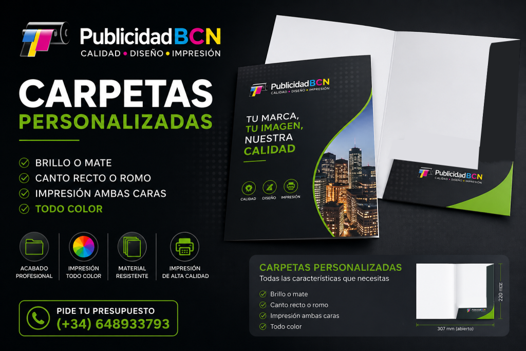 Carpetas personalizadas con solapa, ideal para la entrega de presupuestos, informes . Impresas en ambas caras a todo color, en la solapa cuenta con cortes para insertar su tarjeta