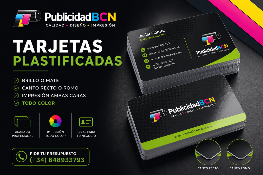 Tarjetas de presentación plastificadas a todo color, impresión en ambas caras Caja de 1.000 unidades