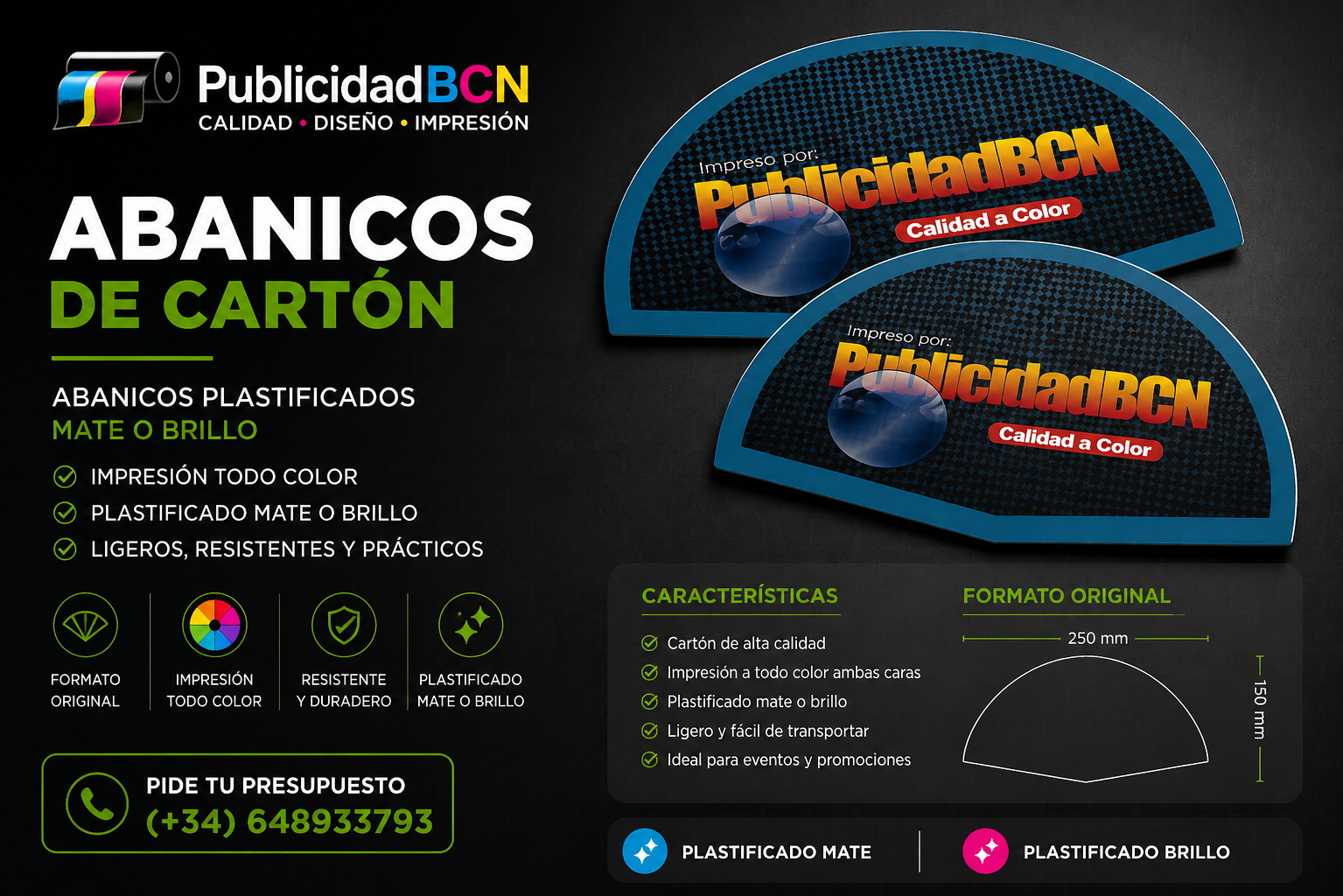 Abanicos plastificados mate 1000 unidades Abanicos plastificados con terminación mate.