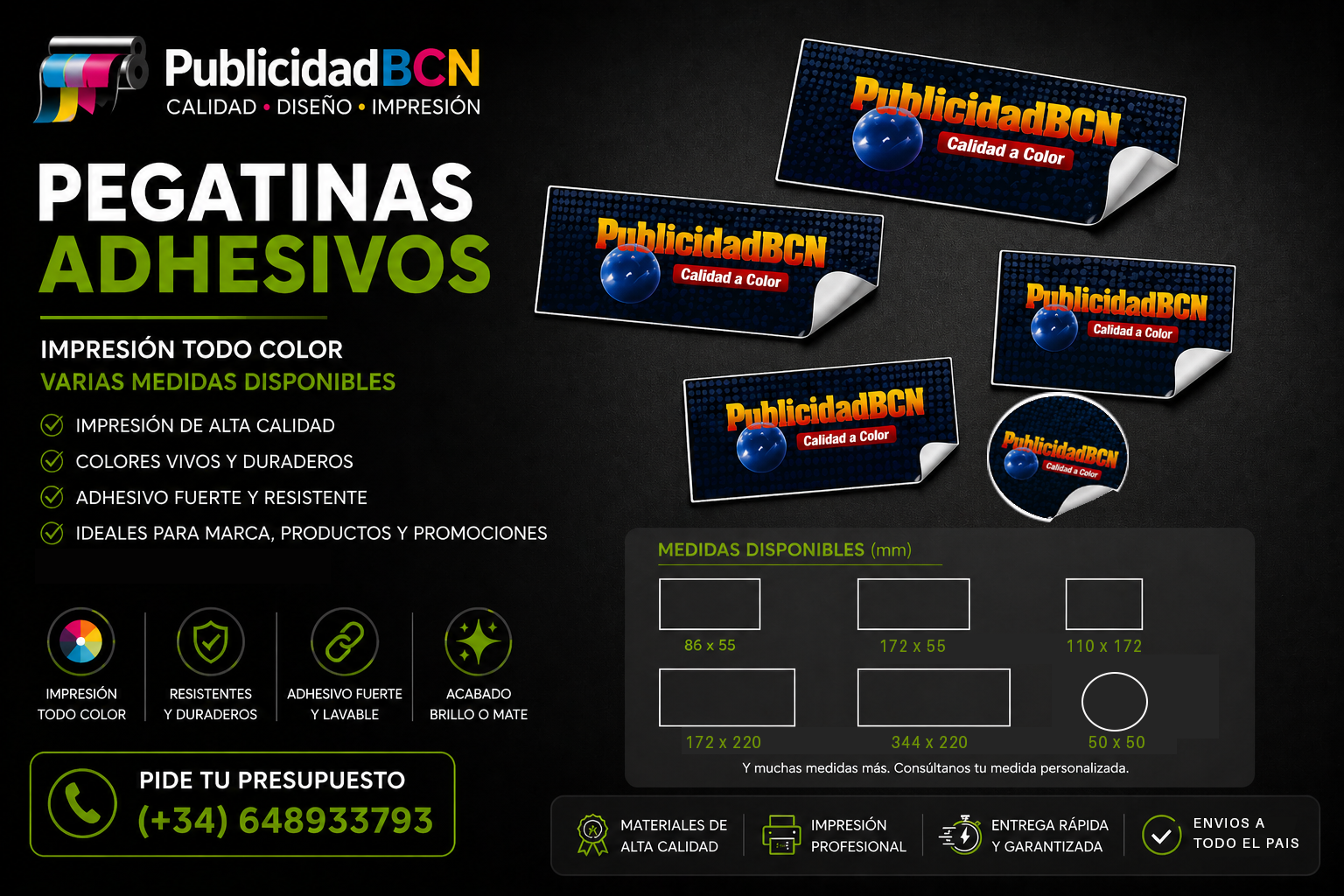Pegatinas – adhesivos de papel diversas medidas, impresión a todo color. Envió a toda España